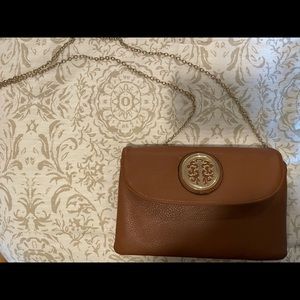 Brown Leather Clutch with Gold Chain Crossbody Strap